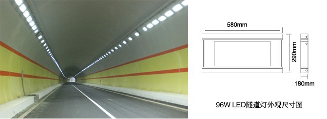 拉伸铝大功率LED隧道灯(SYLED-SD-004)隧道照明效果及灯具外形尺寸图